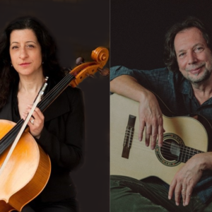CORDA is a white male and white female. The female is holding a cello and the male is holding a guitar.
