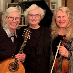 Holmes Avenue Strings are three white females wearing black shirts and holding instruments.